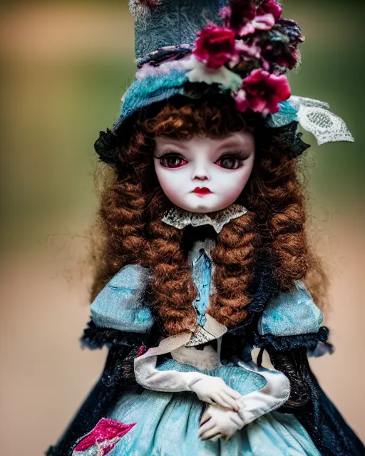 Image similar to high quality presentation photo of a cute pocelain doll, Mark Ryden style,, photography 4k, f1.8 anamorphic, bokeh, 4k, Canon, Nikon