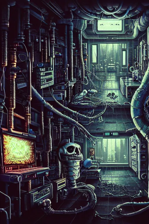 Image similar to a highly detailed painting of a mad scientist laboratory on halloween, 1 9 8 0 s science fiction, 1 9 7 0 s science fiction, alien 1 9 7 9, cyberpunk, 3 d oil painting, depth perception, 4 k, artstation