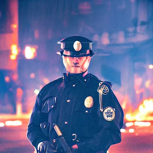 Prompt: portrait of a policeman head on fire , front, centered, riot background, at night ,editorial photography