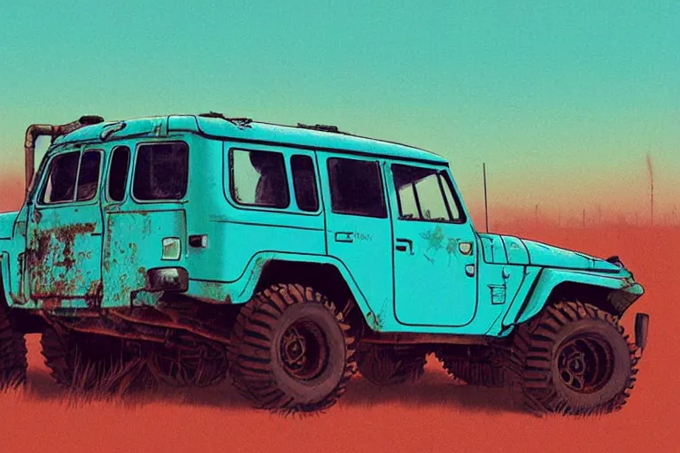 Image similar to digital illustration of a faded cyan mad max's fj 4 0 decrepit!!!! pursuit special, rusty!!! nissan fj cruiser heavily modded 1 9 9 0 s, the last v 8 interceptor by makoto shinkai, ilya kuvshinov, lois van baarle, rossdraws, basquiat