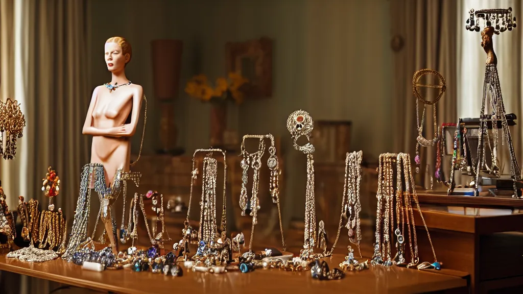 Image similar to a woman made of jewelry stands in the living room, film still from the movie directed by Denis Villeneuve with art direction by Salvador Dalí, wide lens, 4K, realistic