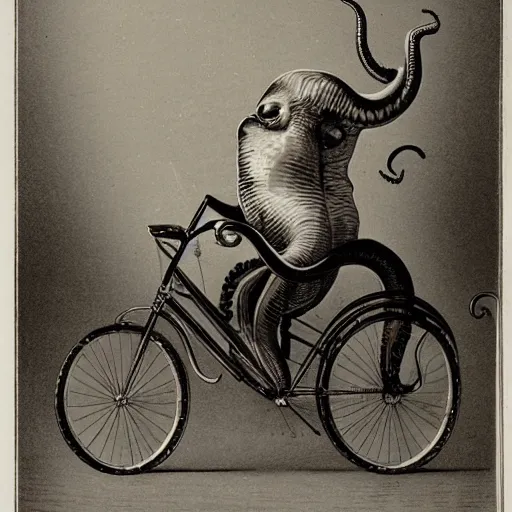 Prompt: an octopus riding a victorian bicycle