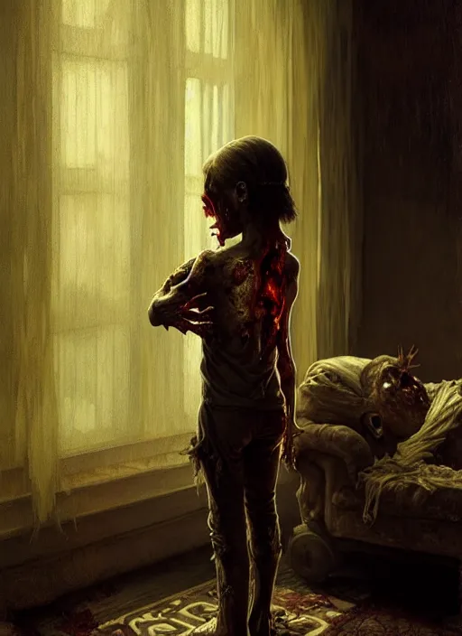 Image similar to a zombie child in a dark living room, diffuse lighting, fantasy, intricate, elegant, highly detailed, lifelike, photorealistic, digital painting, artstation, illustration, concept art, smooth, sharp focus, art by john collier and albert aublet and krenz cushart and artem demura and alphonse mucha