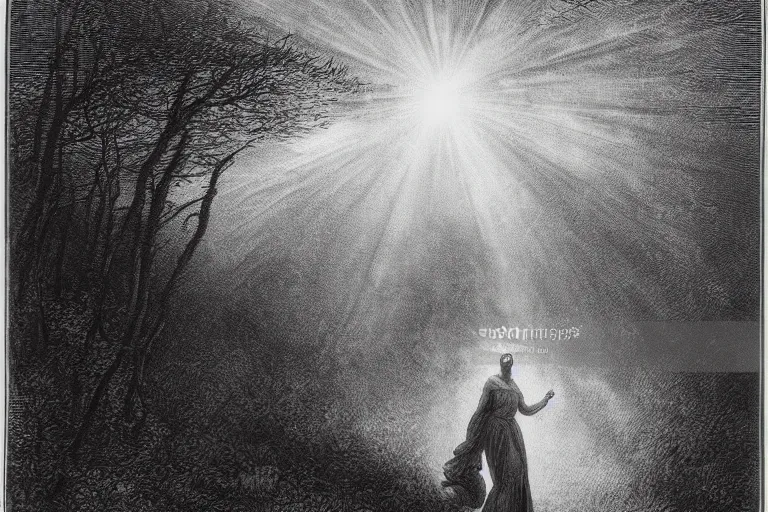 Image similar to black and white, young french woman illuminated by a beam of light through detailed clouds, forest in background, Gustave Dore lithography