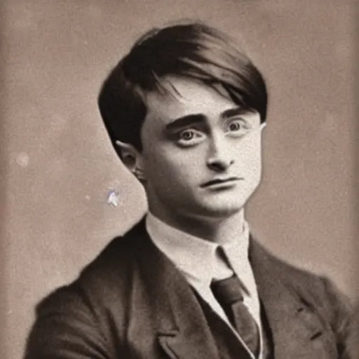 Prompt: photograph of daniel radcliffe, male, 1 9 0 0 s, 1 9 1 0 s, grainy, slightly blurry, faded, realistic face