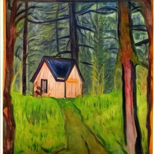 Prompt: a painting of a Eerie cabin in the middle of the woods in the Edvard Munch