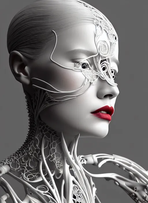 Image similar to complex 3d render ultra detailed of a beautiful porcelain profile young woman face, biomechanical cyborg, 200 mm lens, beautiful studio soft light, rim light, silver white gold red details, magnolia big leaves achromatic and stems, roots, fine foliage lace, mesh wire, Alexander Mcqueen high fashion haute couture, art nouveau fashion embroidered, intricate details, hyper realistic, ultra detailed, mandelbrot fractal, anatomical, facial muscles, cable wires, microchip, elegant, octane render, H.R. Giger style, volumetric lighting, 8k post-production, trending on Artstation