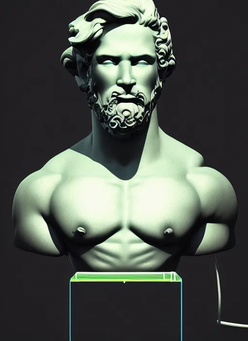 Image similar to bust of hercules, beeple, android jones, vaporwave, retrowave, black background, neon wiring, black, glitch, strong contrast, cuts, pinterest, trending on artstation
