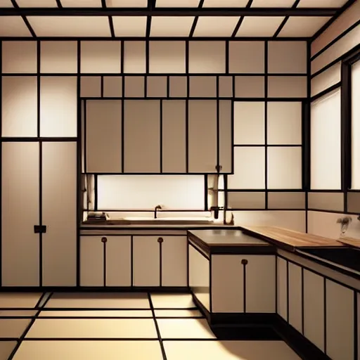 Image similar to still photo of a japanese kitchen, highly detailed, photorealistic portrait, bright studio setting, studio lighting, crisp quality and light reflections, unreal engine 5 quality render