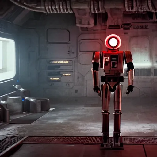 Prompt: film still from star wars, droid standing in a dimly lit industrial junk engine room. interior set design photograph by denis villeneuve 2 0 4 9