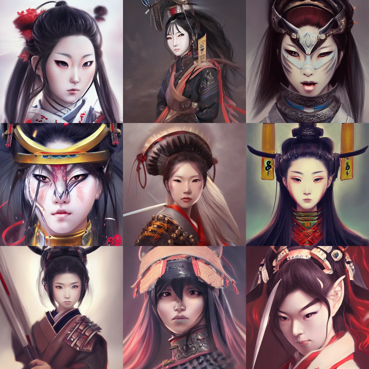 Image similar to A realistic anime portrait of a beautiful samurai woman with a Oni mask wearing samurai armor, digital painting, by Stanley Artgerm Lau, WLOP, and Rossdraws, digtial painting, trending on ArtStation, deviantart