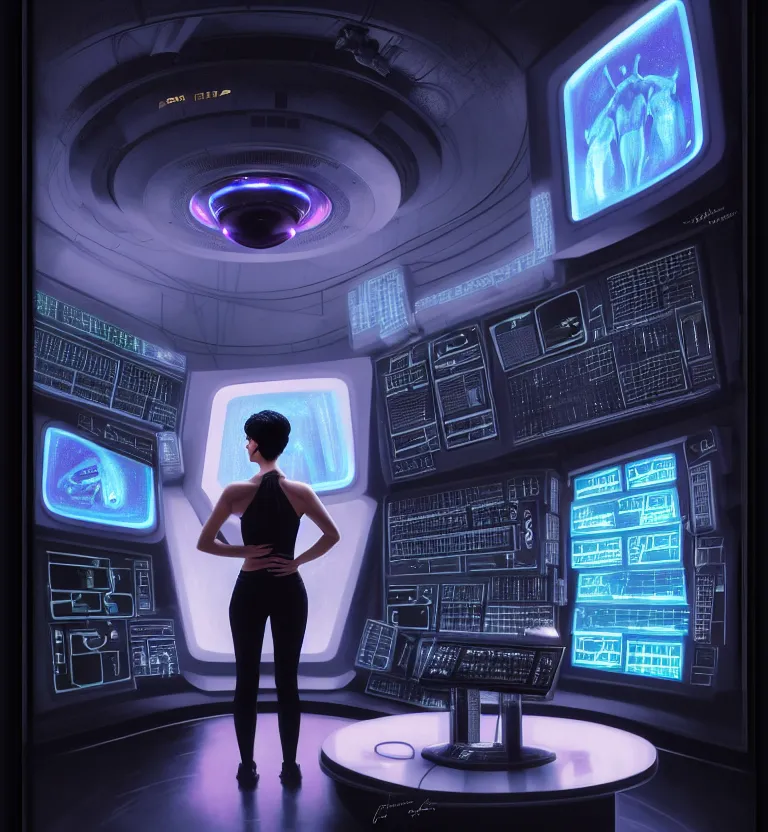 Image similar to beauty woman with short black hair pixie cut, sci-fi control room, in holograms of alien artifacts, electrical case display, total recall tech, ultrarealistic, dramatic lighting, electrical details, high details, 4k, 8k, best, accurate, trending on artstation, artstation, photorealism, ultrarealistic, digital painting, style of Peter Mohrbacher, Caravaggio, Boris Vallejo