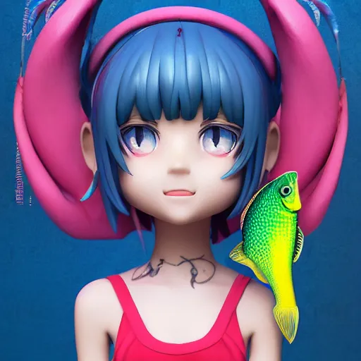 Prompt: a digital painting of a girl with a fish on her head, chibi, xu weili, bada, 3 d nft, nendoroid 3 d, cyberpunk art by hanna kime, avetetsuya studios, cgsociety, seapunk, anime aesthetic, rendered in maya