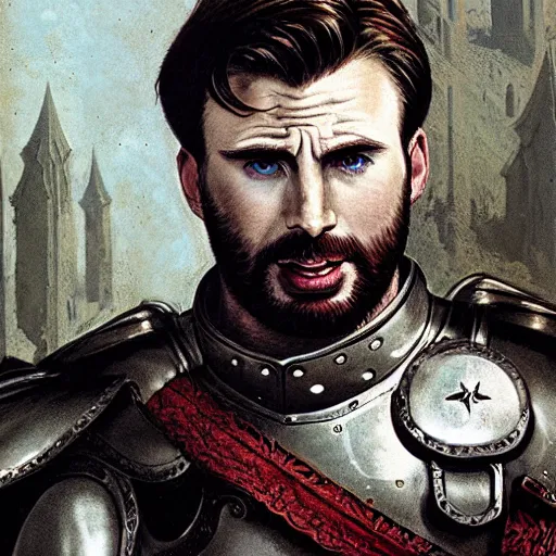 Image similar to half length portrait of chris evans as a martial cleric in plate armor, morningstar, d & d, medieval, fantasy, greg rutkowski, frank frazetta, alexandre chaudret, boris vallejo, michael whelan, miro petrov, hr giger