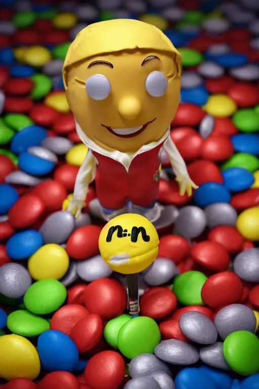 Image similar to a single yellow m & m candy with white arms and legs holding a microphone, a yellow sphere wearing a white baseball cap, eminem as a m & m candy standing on a floor covered with m & m candies, m & m candy dispenser, m & m plush!!!, unreal engine, studio lighting, unreal engine, volumetric lighting, artstation