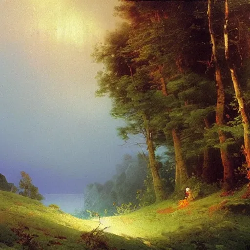 Image similar to aivazovsky's painting. forest landscape. oil on canvas, a masterpiece in the style of aivazovsky.