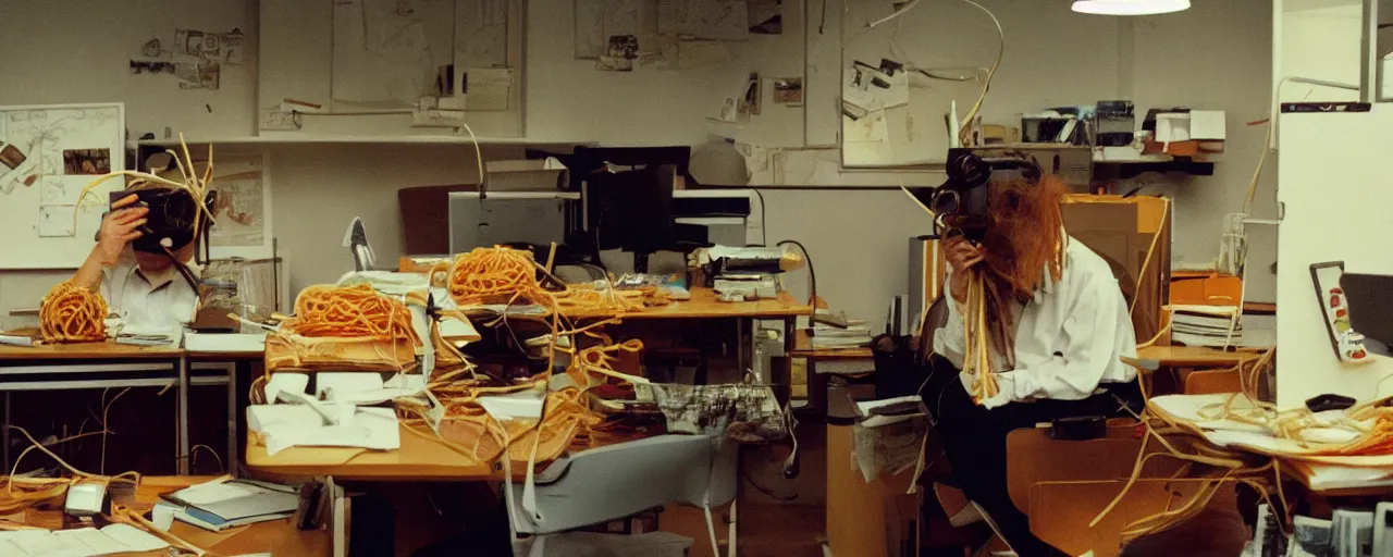 Image similar to security cam footage of someone with their head on spaghetti at their desk, at work, kodachrome, in the style of wes anderson, retro