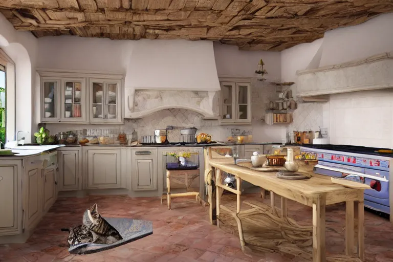 Image similar to Photography of Provence style kitchen with cat in the center, photorealism