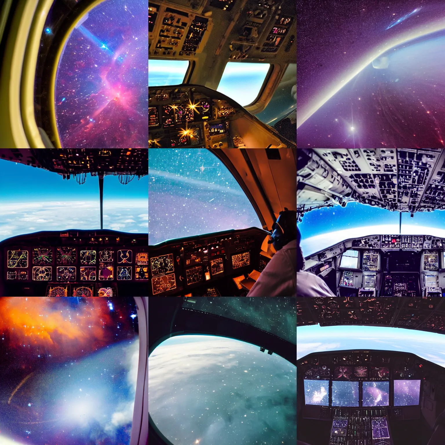 Prompt: Looking out of the window in a Boeing 747 cockpit, looking out at a nebula