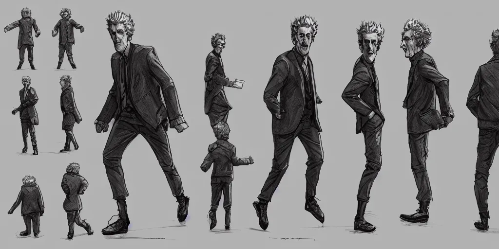 Prompt: cartoonish peter capaldi running away, character sheet, fine details, concept design, contrast, kim jung gi, greg rutkowski, trending on artstation, 8 k, full body, turnaround, front view, back view, ultra wide angle