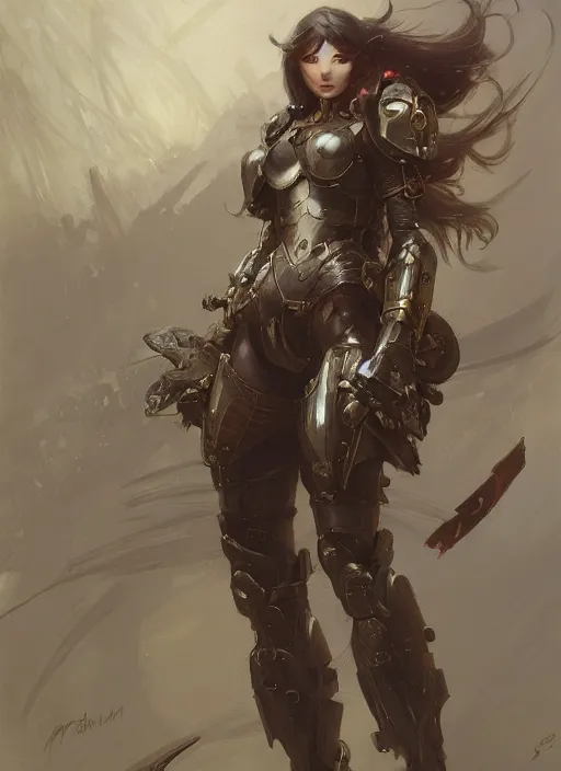 Image similar to character design game art digital 2 d girl medieval cyborg armor by gaston bussiere, anna nikonova aka newmilky, greg rutkowski, yoji shinkawa, yoshitaka amano, tsutomu niehi, donato giancola, geoffroy thoorens, trending on artstation, featured on pixiv