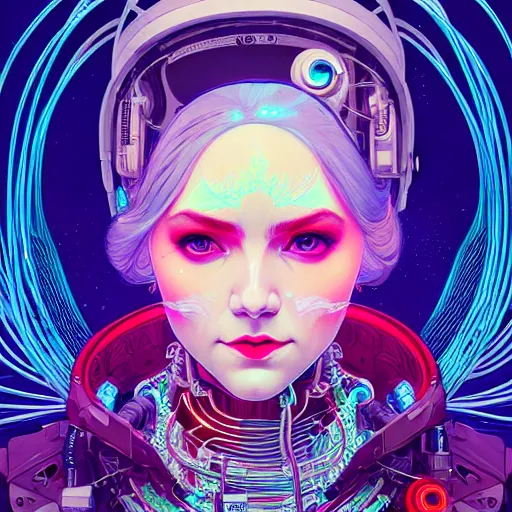 Prompt: high quality, high detailed portrait of a snow queen cyberpunk character in a futuristic world, tristan eaton, victo ngai, artgerm, rhads, ross draws, hyperrealism, intricate detailed, cables, wires, connectors, led. alphonse mucha, pastel colors, vintage, artstation, vector. 8 k