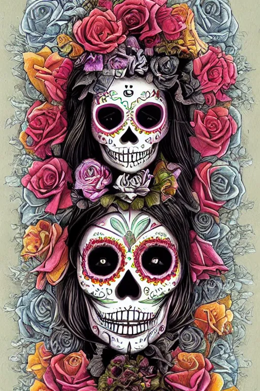 Prompt: Illustration of a sugar skull day of the dead girl, art by Andrew Ferez