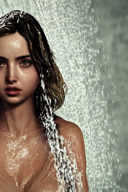 Prompt: ana de armas taking a shower by wlop, anatomically correct body, global illumination, cinematic, octane render