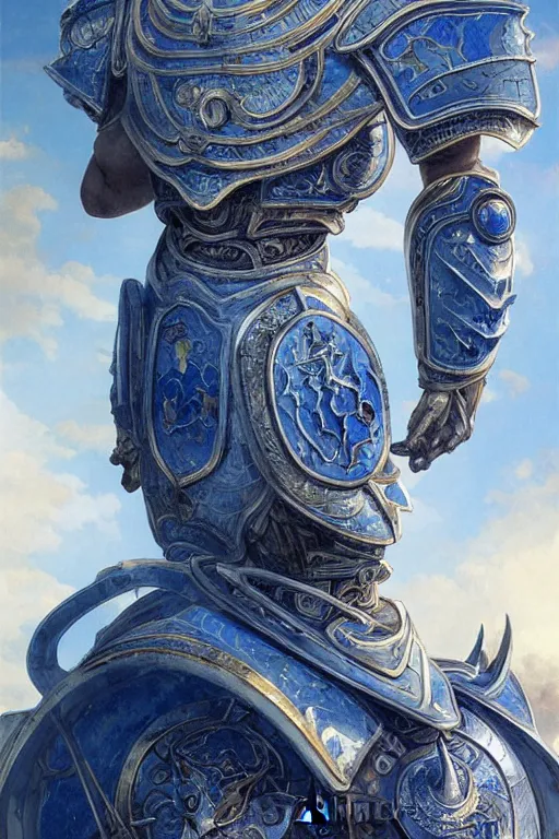 Image similar to portrait knights of Zodiac male, Chinese Blue and white porcelain reflected armor, in ruined Agora of Athens Sunrise, ssci-fi and fantasy, intricate and very very beautiful and elegant, highly detailed, Frostbite Engine, digital painting, artstation, concept art, smooth and sharp focus, illustration, art by tian zi and WLOP and alphonse mucha