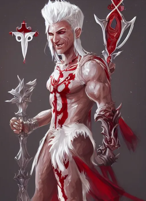 Image similar to a highly detailed illustration of white haired african priest, wearing cross on robe, wielding red blades made of blood, evil standing smiling pose, muscular, intricate, elegant, highly detailed, centered, digital painting, artstation, concept art, smooth, sharp focus, league of legends concept art, WLOP