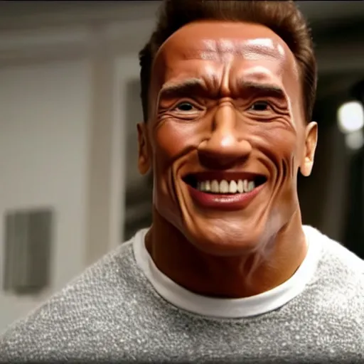 Image similar to Tv commercial, tootpaste, Arnold Schwarzenegger, Ariana Grande, Justin Biber, Dwayne Johnson, Boris Johnson, Commercial, showing off white teeth, realistic, award winning masterpiece