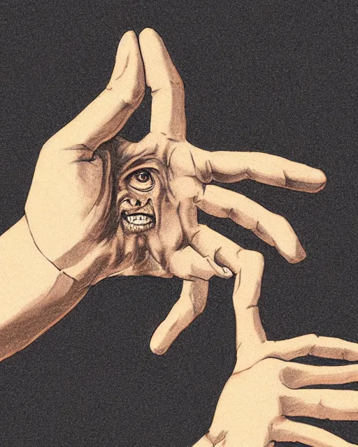 Image similar to closeup of a man's outstretched hand with a creepy human face and mouth in it's palm, vampire hunter d, countenanced carbuncle and d's left hand, trending on art - station