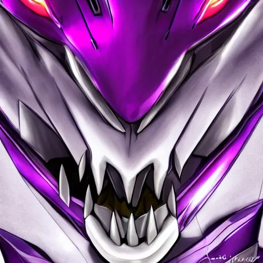 Image similar to detailed mawshot of a beautiful stunning anthropomorphic hot robot mecha female dragon, silver streamlined sharp armor, fuchsia flesh, glowing purple eyes, furaffinity, DeviantArt, Eka's Portal, G6