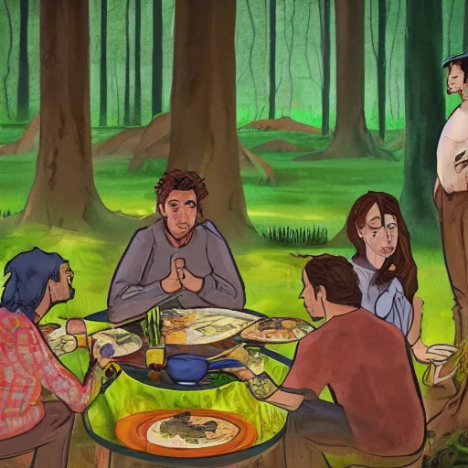 Prompt: the people of the swamp are eating together, expressionistic masterpiece painting, beautiful brush strokes, advanced lighting technology, realistic faces and anatomy yet stylized