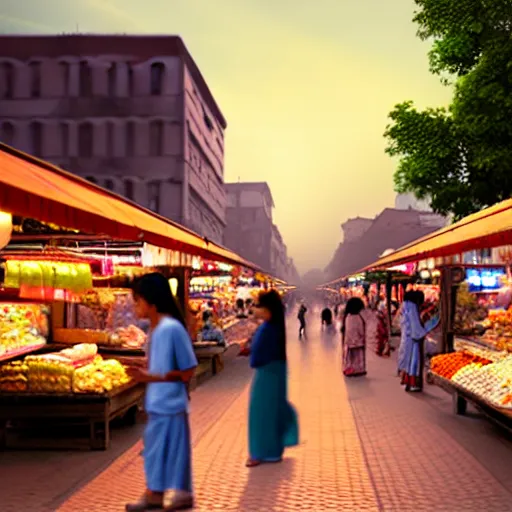 Image similar to an immaculate digital matte painting placid asian street market scene at dusk.