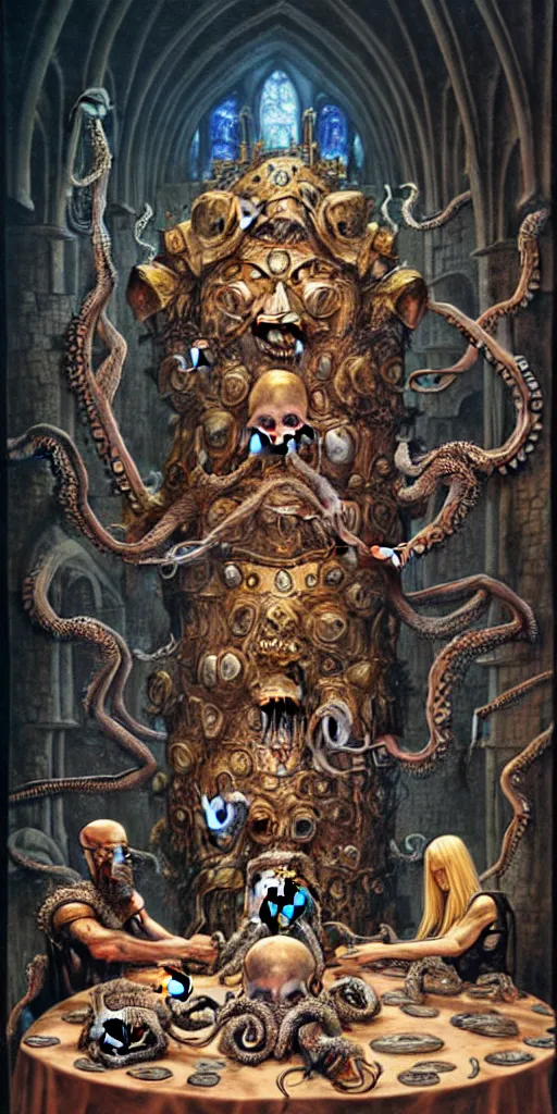 Image similar to mages with human bodies and magical armour with octopus heads sitting near the table in an ancient mage castle with enormous scale, gothic and baroque, brutalist architecture, ultradetailed, Intricate by John Howe and Josan Gonzalez and Giuseppe Arcimboldo