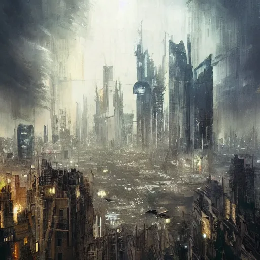 Image similar to A giant cityscape, by Greg Rutkowski and Dave McKean