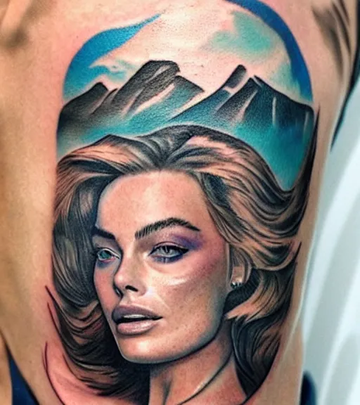 Image similar to beautiful durrealist double exposure tattoo sketch of margot robbie and beautiful mountains mash up, in the style of matyas csiga halasz, amazing detail, sharp