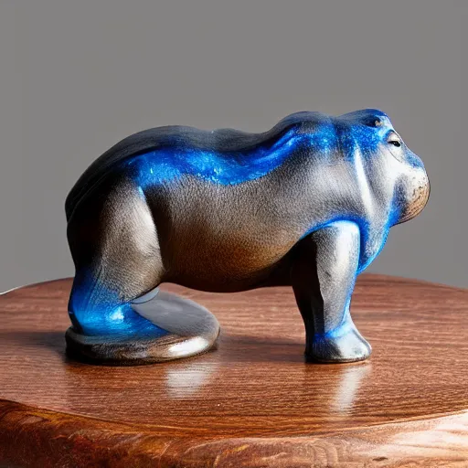 Prompt: a small smooth hippo statue carved from natural wood, dipped in polished blue epoxy resin, seamless organic edges, mixed materials, side view