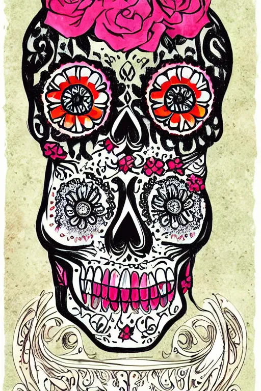 Image similar to illustration of a sugar skull day of the dead girl, art by wes benscoter