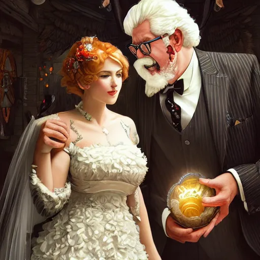 Prompt: closeup of Colonel Sanders getting married to a chicken, modern setting, intricate, elegant, highly detailed, digital painting, artstation, concept art, matte, sharp focus, illustration, hearthstone, art by Artgerm and Greg Rutkowski and Alphonse Mucha