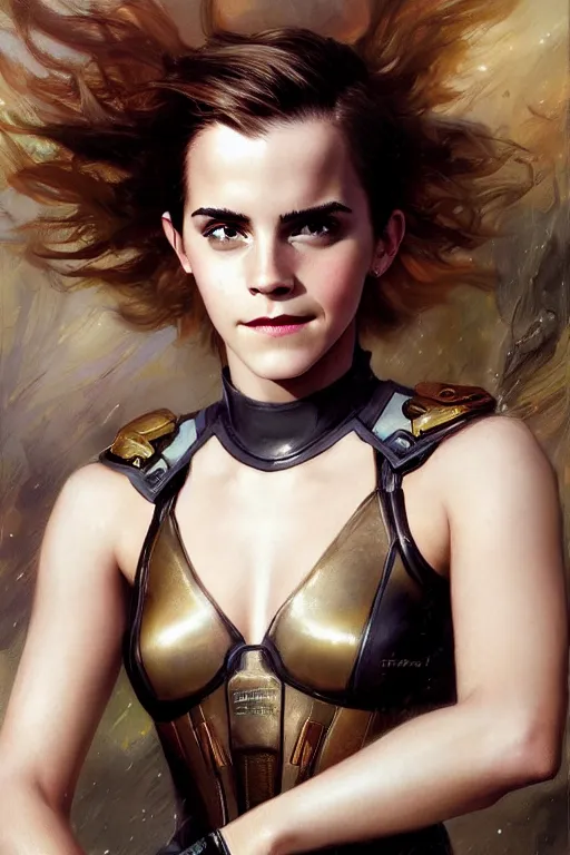 Prompt: emma watson smiling closeup portrait futuristic fractal fightsuit bustier gaston bussiere craig mullins j. c. leyendecker short wet hair