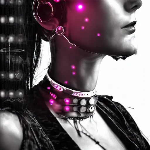 Prompt: a digital artwork of woman wearing technological large steel collar, choker on neck, dark cyberpunk art style, 4K, portrait, punk hairstyle,