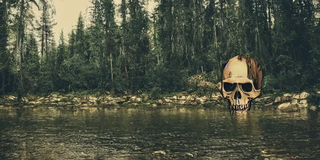 Image similar to a photo of a dream world, forest, river, skull, church