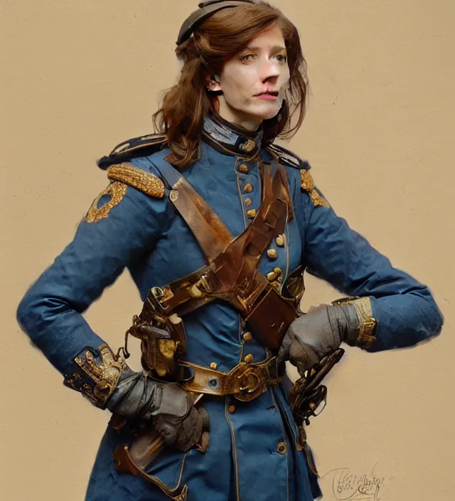 Image similar to portrait of a british woman wearing a blue traditional nineteenth century military jacket, metal shoulder pauldrons, intricate, highly detailed, digital painting, artstation, concept art, sharp focus, cinematic lighting, illustration, art by artgerm and greg rutkowski, alphonse mucha, cgsociety