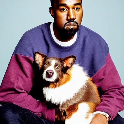 Image similar to Kanye West holding a Border Collie for a 1990s sitcom tv show, Studio Photograph, portrait C 12.0