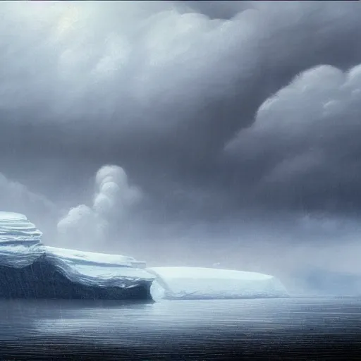 Prompt: a dreamlike antarctic landscape in stormy weather, matte painting