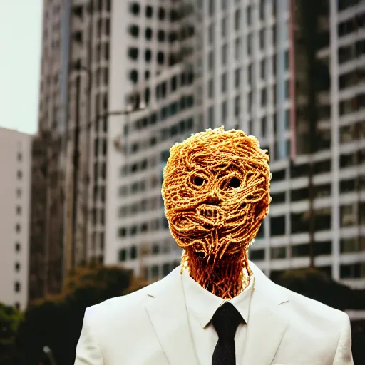 Image similar to sharp portrait of a man in a suit with a face made of spaghetti standing in los angeles with blured zombies on a background, bokeh, detailed, film photography, kodak portra 4 0 0, mamiya,