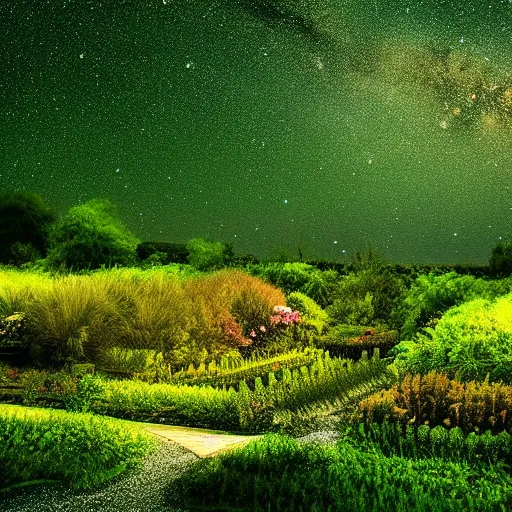 Image similar to beautiful garden lush green, full night sky milky way view hd