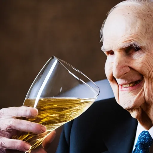 Image similar to photo of Russell M Nelson in a suit having a drink of wine, pr photo shoot, pristine and clean, 85mm lens,